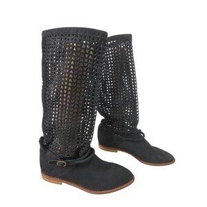 Vintage 90s Nickels Italy Suede Lattice Cutout Tall Boots 6B Boho Festival Flat